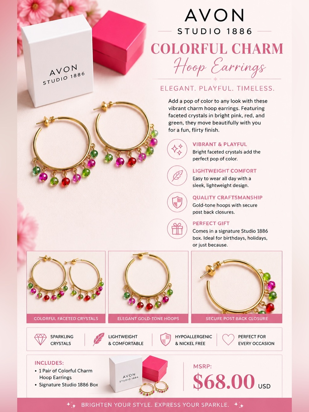 Avon Gold-Tone Hoop Earrings with Pink, Green & Red Crystals